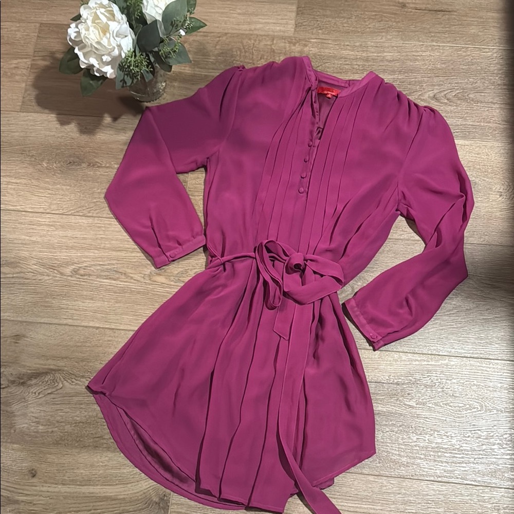 RED Saks Fifth Avenue Pink Long Sleeve V-Neck Dress with Tie Front